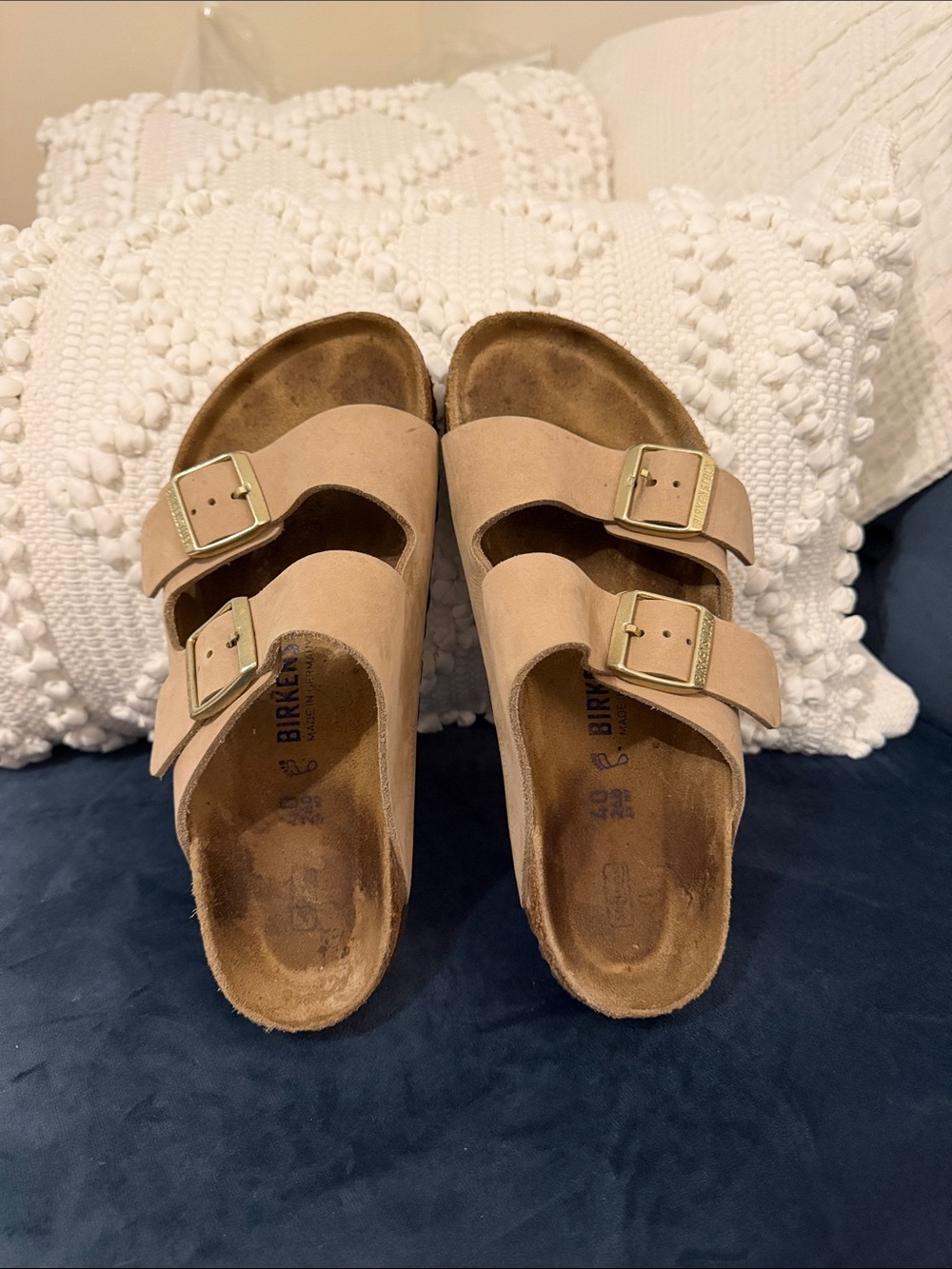 Birkenstock Kids Two-Strap Sandals in Beige with Gold Buckles